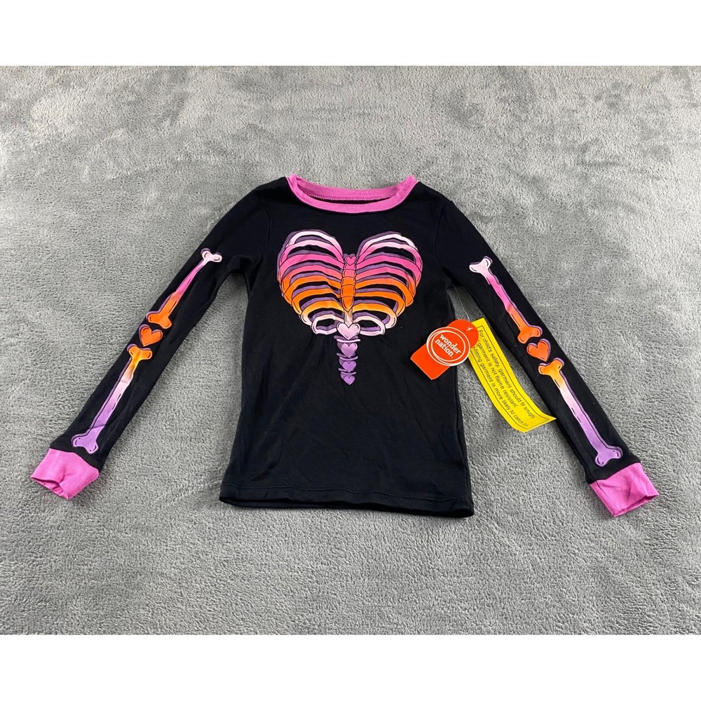 Wonder Nation Girls Rainbow Skeleton Heart Pajama Top Black Pink Size 5 NWT